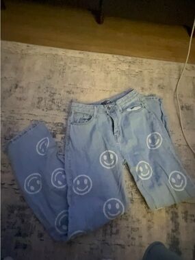 Fashion Nova Light Blue Denim Jeans with White Smiley Detail